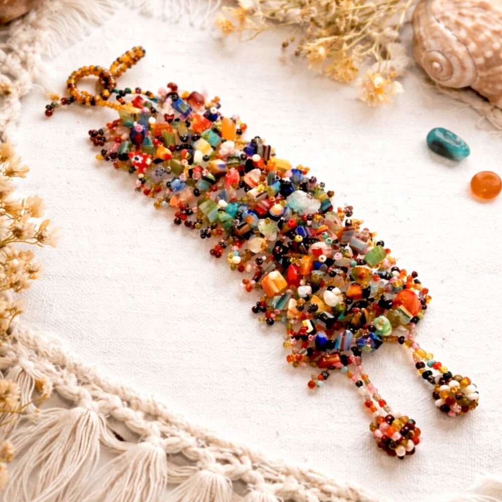 Boho Inspired Multi Color Glass Chip and Seed Bead Woven Bracelet